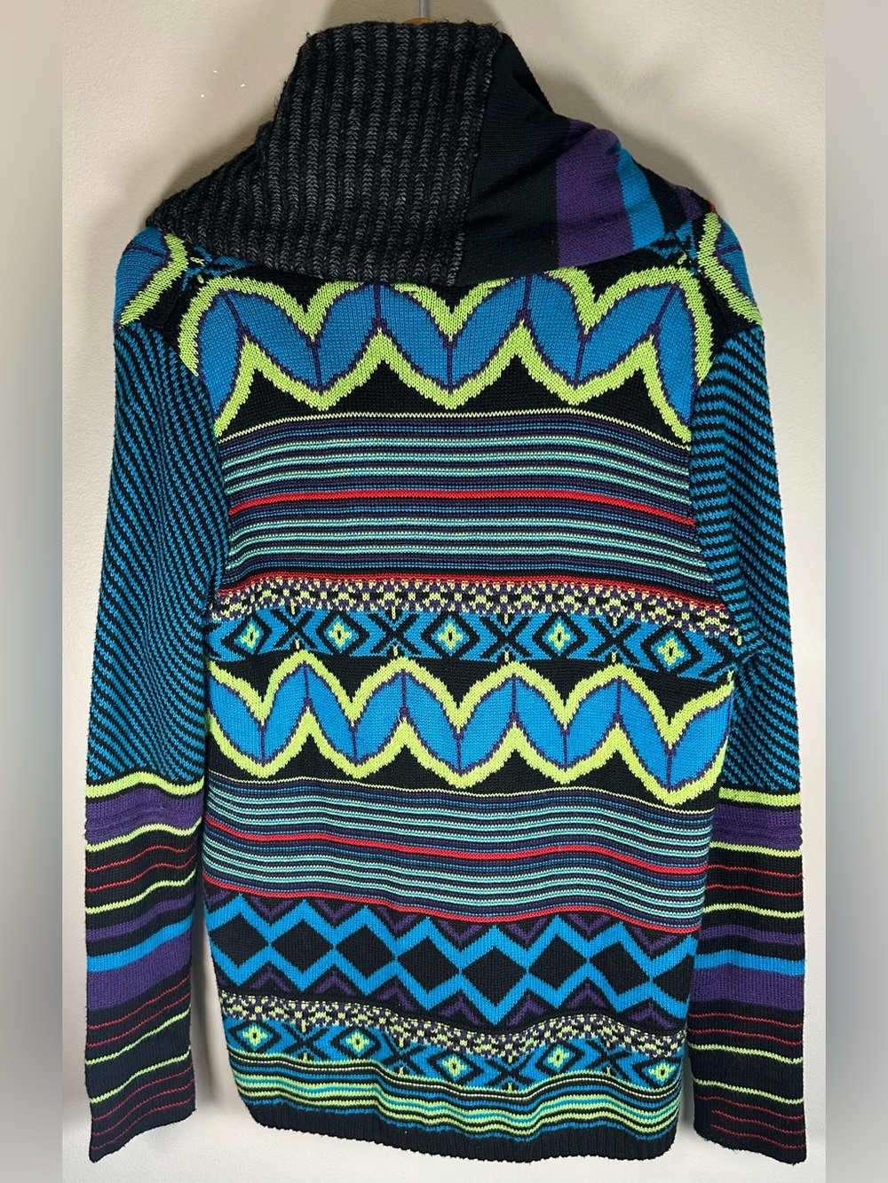 Elena Wang Womens Knit Cardigan Blanket Coat Sz M Southwestern Aztec Neon Colors - Picture 6 of 11